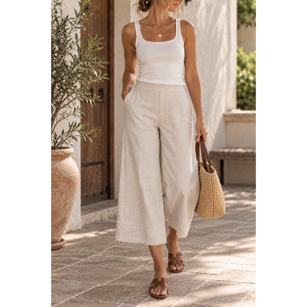 Banana Republic Wide Leg Cropped Linen Blend Pants M Oatmeal Coastal Minimalist